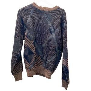 Men’s geometric vintage 80’s vegan leather strips brown crew neck sweater